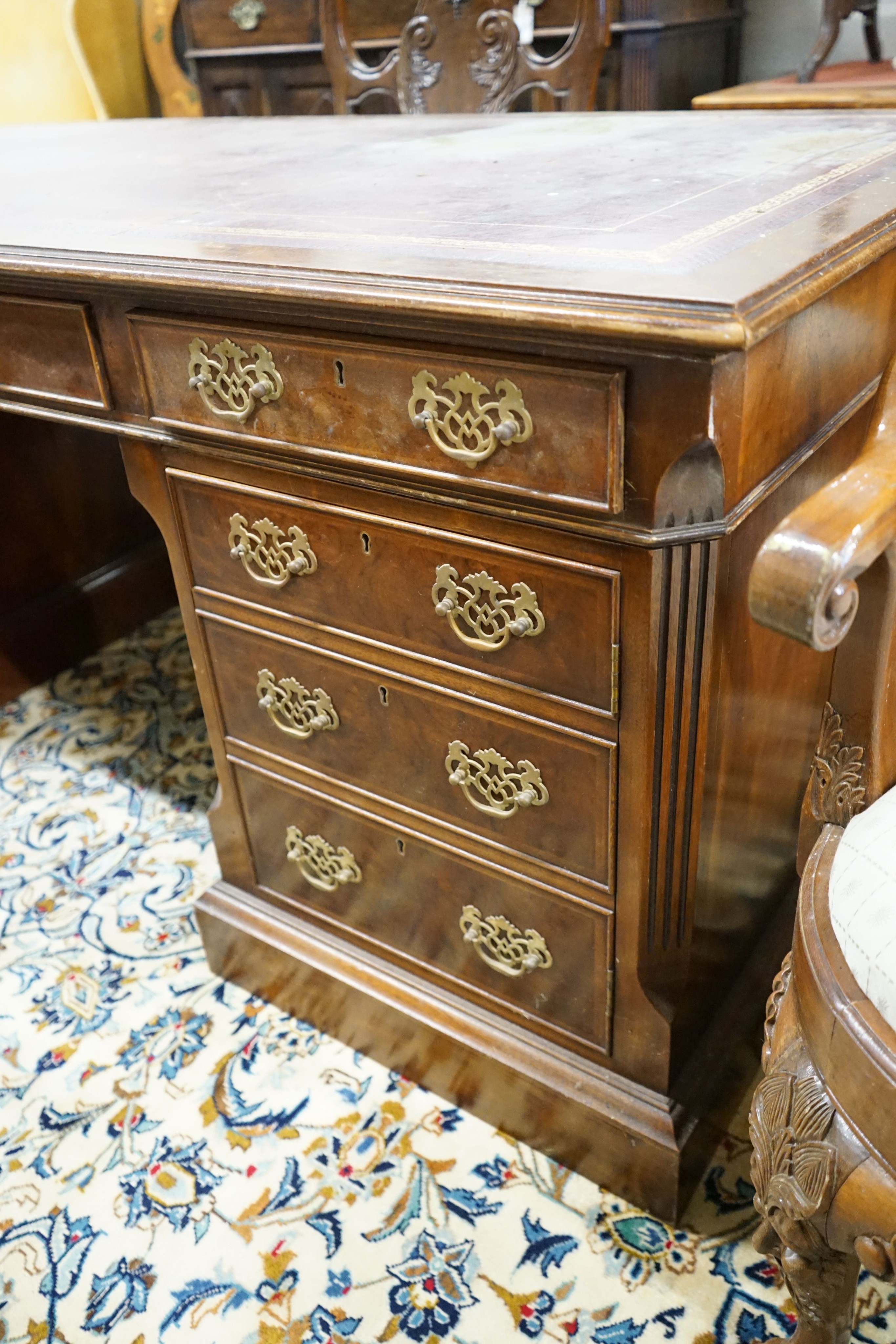 A George III style mahogany pedestal partner's desk, length 182cm, depth 91cm, height 76cm